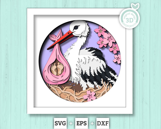 Stork with Baby Delivery - 3D Shadow Box Layered SVG DXF EPS (Cutting Files)