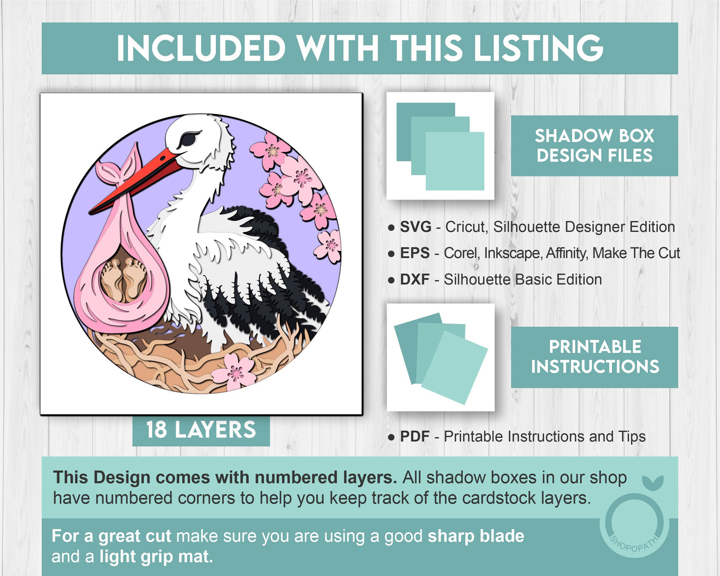 Stork with Baby Delivery - 3D Shadow Box Layered SVG DXF EPS (Cutting Files)
