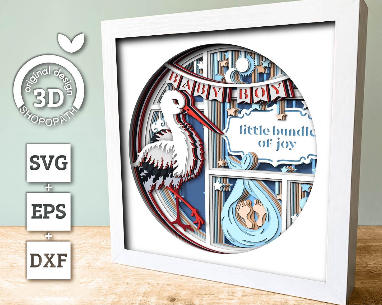 Stork with Baby Boy and Message - 3D Shadow Box Layered SVG DXF EPS (Cutting Files)