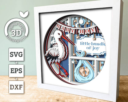 Stork with Baby Boy and Message - 3D Shadow Box Layered SVG DXF EPS (Cutting Files)