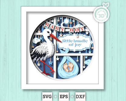 Stork with Baby Boy and Message - 3D Shadow Box Layered SVG DXF EPS (Cutting Files)