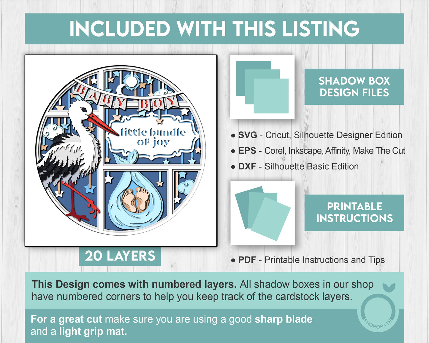 Stork with Baby Boy and Message - 3D Shadow Box Layered SVG DXF EPS (Cutting Files)