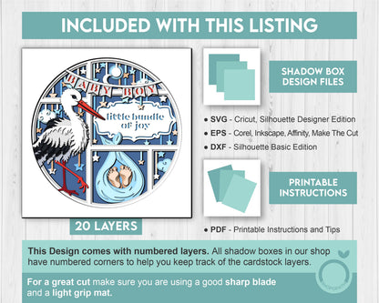 Stork with Baby Boy and Message - 3D Shadow Box Layered SVG DXF EPS (Cutting Files)