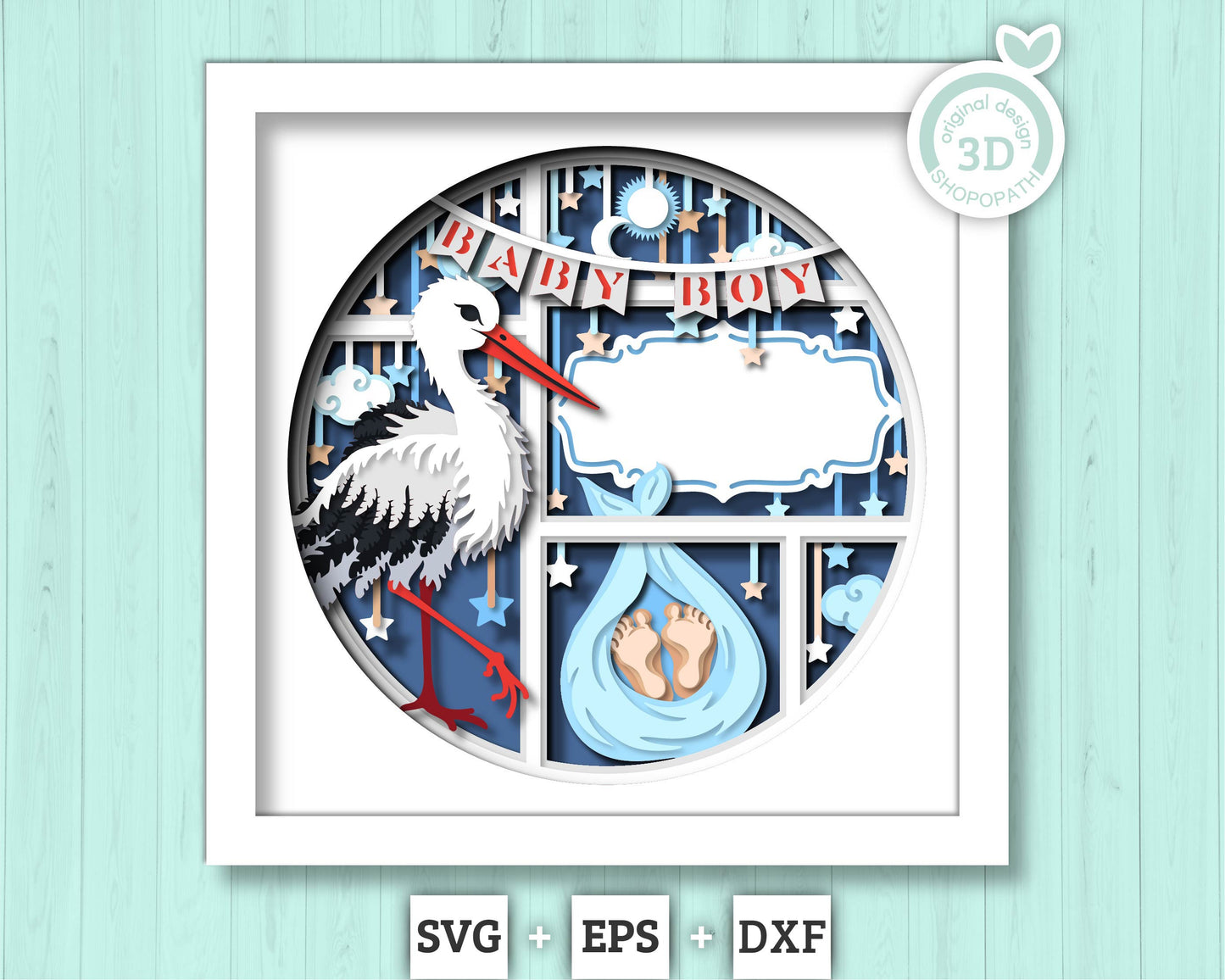 Stork with Baby Boy and Message - 3D Shadow Box Layered SVG DXF EPS (Cutting Files)