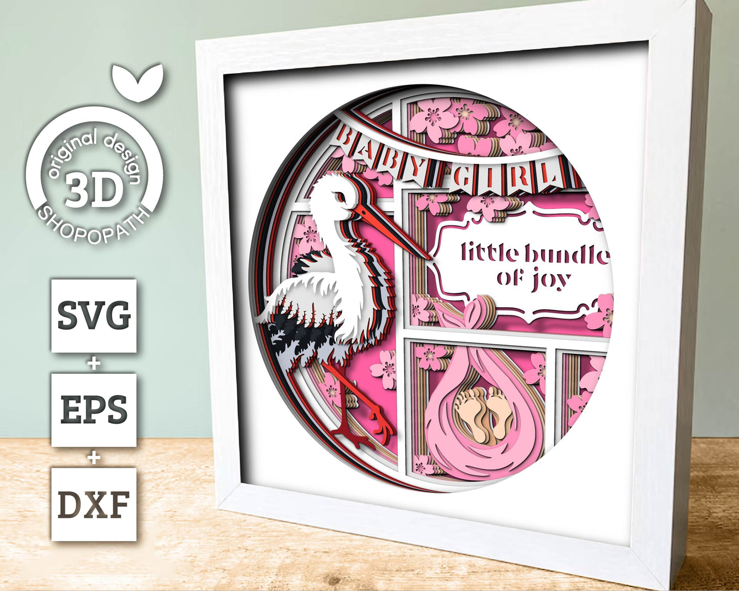 Stork with Baby Girl and Message - 3D Shadow Box Layered SVG DXF EPS (Cutting Files)