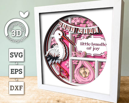 Stork with Baby Girl and Message - 3D Shadow Box Layered SVG DXF EPS (Cutting Files)