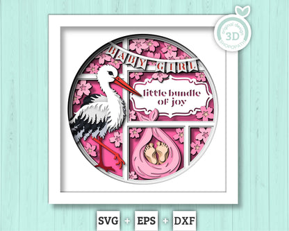 Stork with Baby Girl and Message - 3D Shadow Box Layered SVG DXF EPS (Cutting Files)