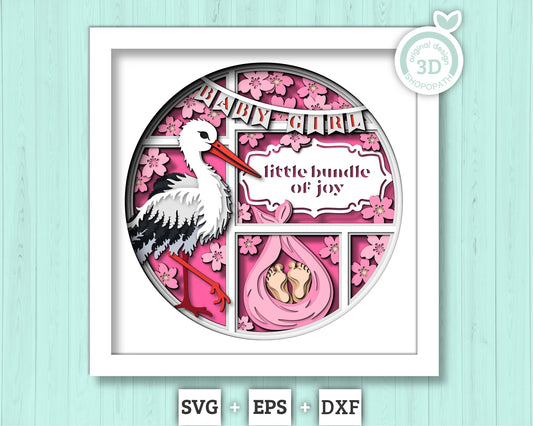 Stork with Baby Girl and Message - 3D Shadow Box Layered SVG DXF EPS (Cutting Files)