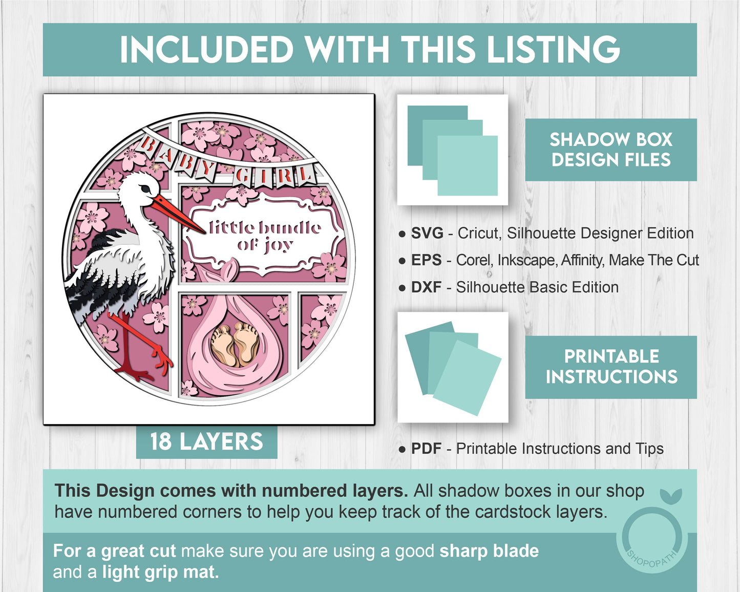 Stork with Baby Girl and Message - 3D Shadow Box Layered SVG DXF EPS (Cutting Files)
