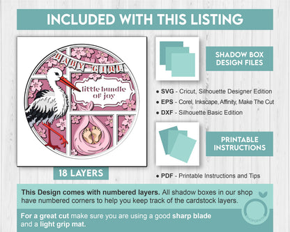 Stork with Baby Girl and Message - 3D Shadow Box Layered SVG DXF EPS (Cutting Files)