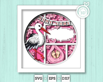 Stork with Baby Girl and Message - 3D Shadow Box Layered SVG DXF EPS (Cutting Files)