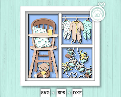 3D Baby Onesies  Shadow Box SVG, Cute baby 3d svg, Baby Shower Decor 3d SVG,  Teddybear 3D svg, Nursery Room 3d svg, Cricut, Silhouette