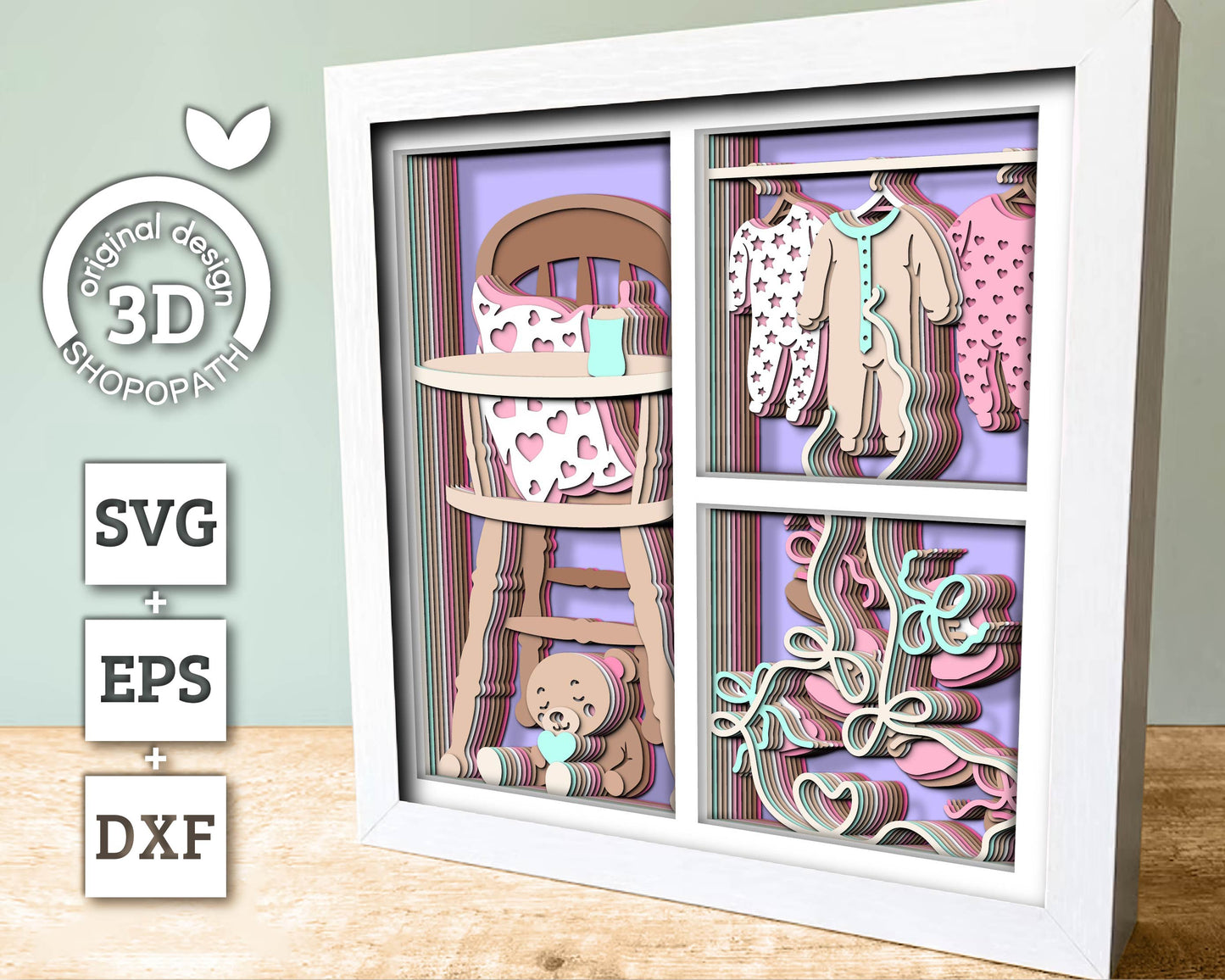3D Baby Onesies  Shadow Box SVG, Cute baby 3d svg, Baby Shower Decor 3d SVG,  Teddybear 3D svg, Nursery Room 3d svg, Cricut, Silhouette