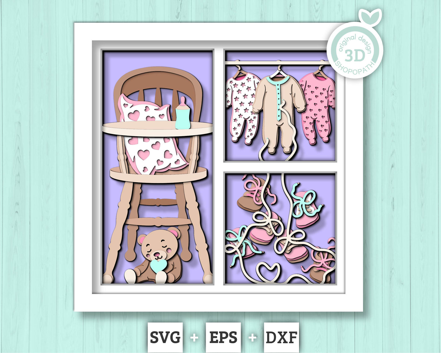 3D Baby Onesies  Shadow Box SVG, Cute baby 3d svg, Baby Shower Decor 3d SVG,  Teddybear 3D svg, Nursery Room 3d svg, Cricut, Silhouette