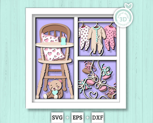 3D Baby Onesies  Shadow Box SVG, Cute baby 3d svg, Baby Shower Decor 3d SVG,  Teddybear 3D svg, Nursery Room 3d svg, Cricut, Silhouette