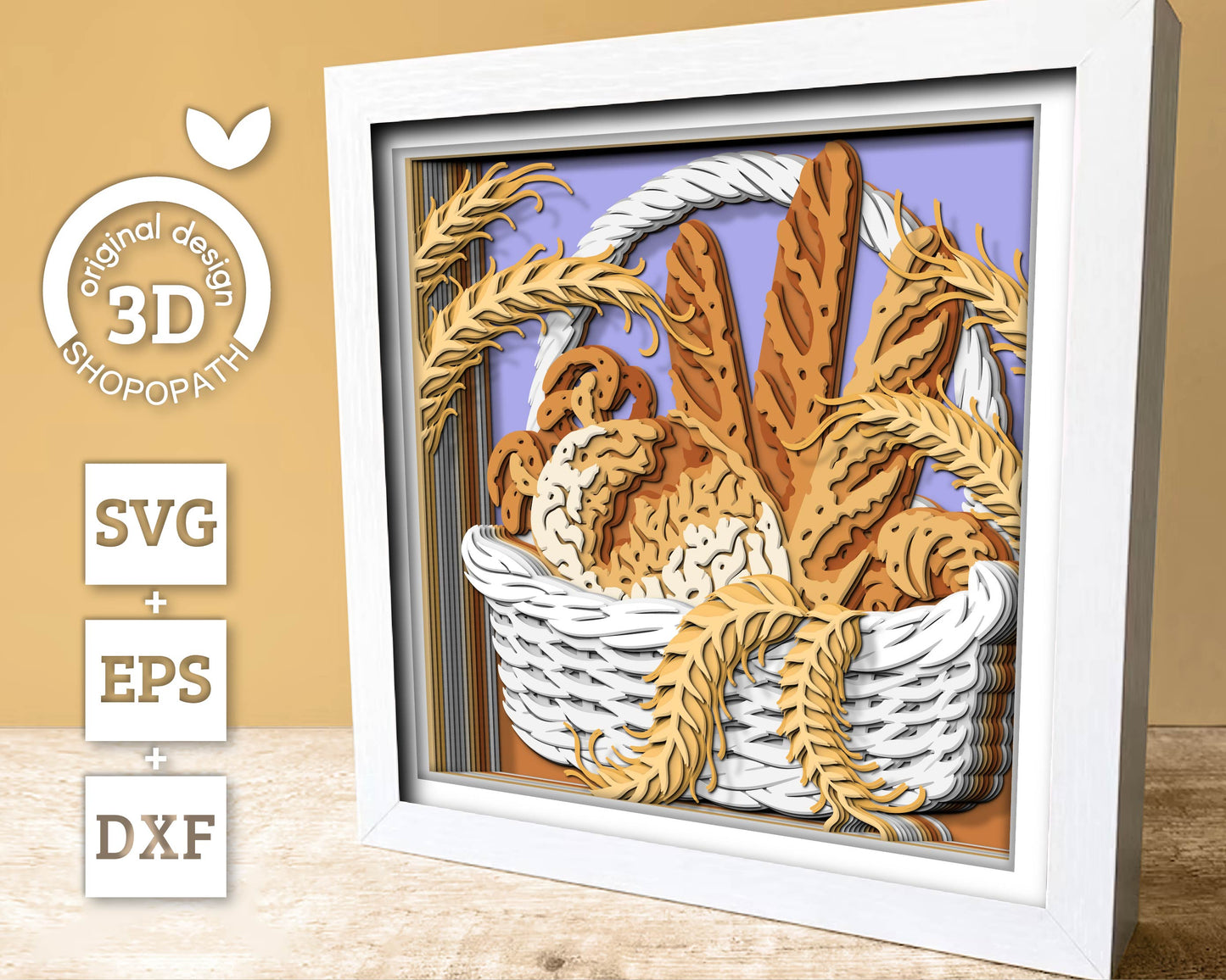 Bakery Basket Shadow Box 3D SVG with Bread, Pretzels, Croissants and Wheat Ears, Cutting DXF EPS Files for Cricut Silhouette Brother
