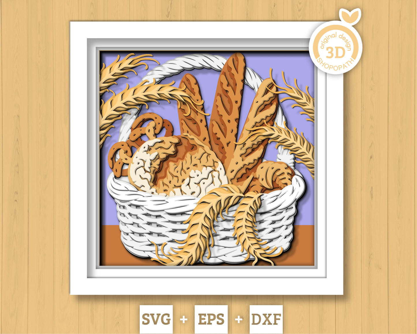 Bakery Basket Shadow Box 3D SVG with Bread, Pretzels, Croissants and Wheat Ears, Cutting DXF EPS Files for Cricut Silhouette Brother