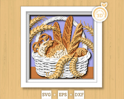 Bakery Basket Shadow Box 3D SVG with Bread, Pretzels, Croissants and Wheat Ears, Cutting DXF EPS Files for Cricut Silhouette Brother