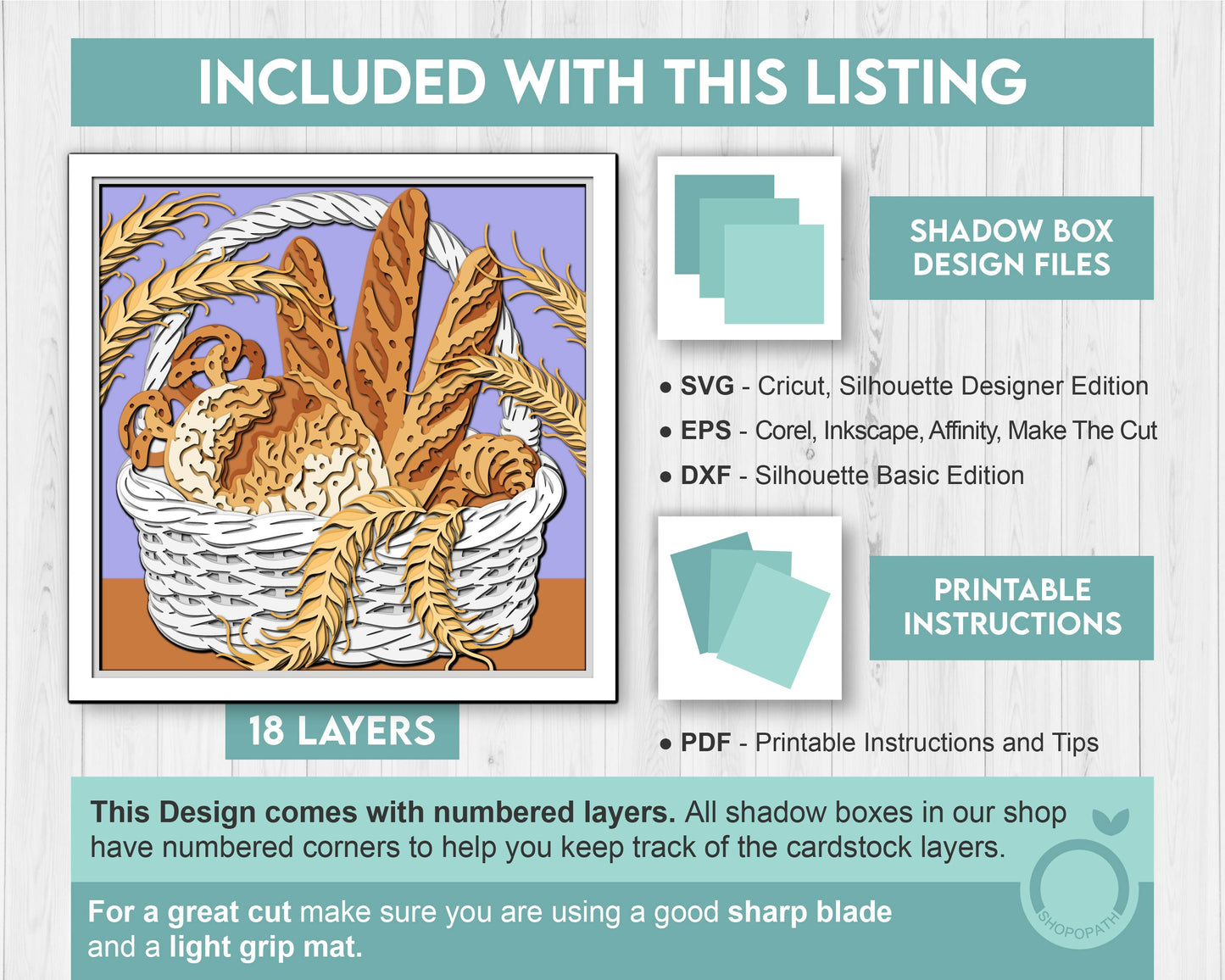 Bakery Basket Shadow Box 3D SVG with Bread, Pretzels, Croissants and Wheat Ears, Cutting DXF EPS Files for Cricut Silhouette Brother