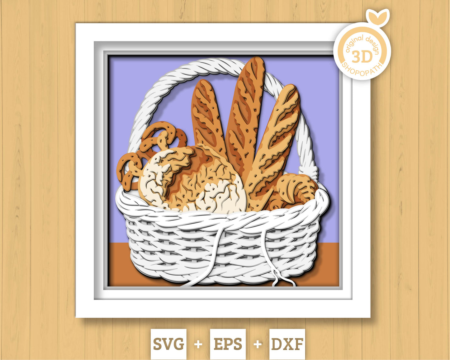Bakery Basket Shadow Box 3D SVG with Bread, Pretzels, Croissants and Wheat Ears, Cutting DXF EPS Files for Cricut Silhouette Brother
