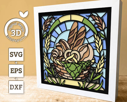 Bakery Basket Stained Glass Shadow Box 3D SVG, Bakery Stained Glass Svg, Stained Glass Cutting DXF EPS Files for Cricut Silhouette Brother
