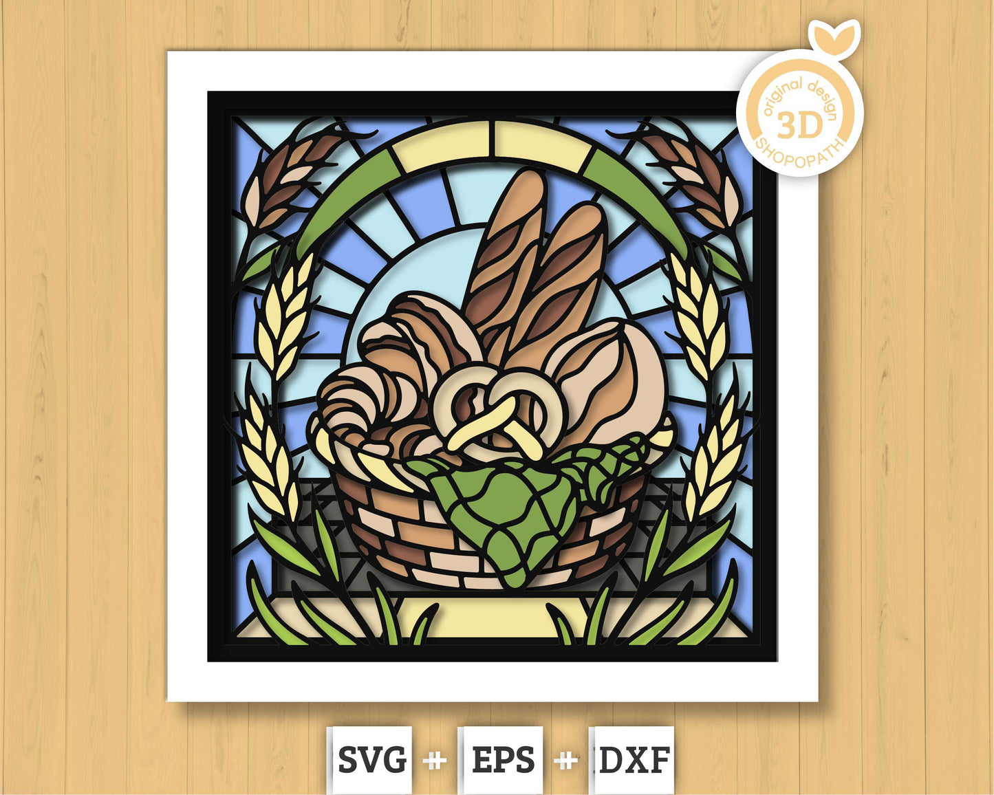 Bakery Basket Stained Glass Shadow Box 3D SVG, Bakery Stained Glass Svg, Stained Glass Cutting DXF EPS Files for Cricut Silhouette Brother