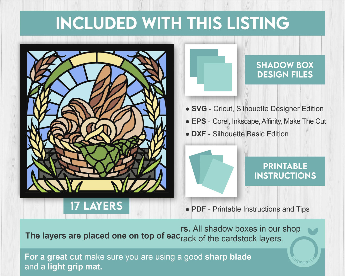 Bakery Basket Stained Glass Shadow Box 3D SVG, Bakery Stained Glass Svg, Stained Glass Cutting DXF EPS Files for Cricut Silhouette Brother