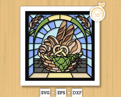 Bakery Basket Stained Glass Shadow Box 3D SVG, Bakery Stained Glass Svg, Stained Glass Cutting DXF EPS Files for Cricut Silhouette Brother