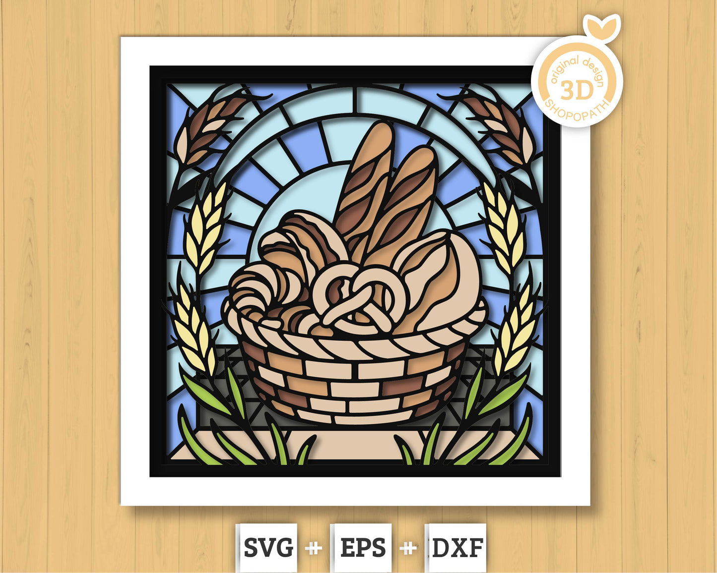 Bakery Basket Stained Glass Shadow Box 3D SVG, Bakery Stained Glass Svg, Stained Glass Cutting DXF EPS Files for Cricut Silhouette Brother