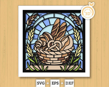 Bakery Basket Stained Glass Shadow Box 3D SVG, Bakery Stained Glass Svg, Stained Glass Cutting DXF EPS Files for Cricut Silhouette Brother