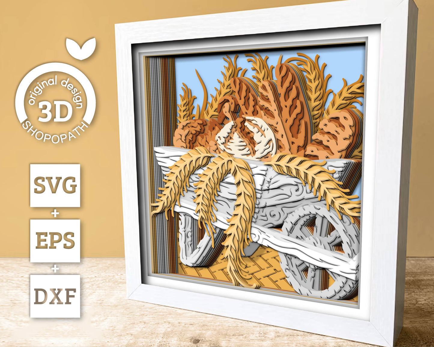 Bakery Cart Shadow Box 3D SVG with Sourdough Bread Loafs Pretzels and Wheat Ears, Cutting DXF EPS Files for Cricut Silhouette Brother