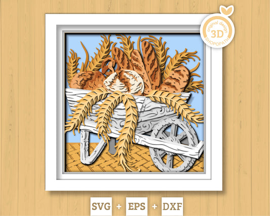 Bakery Cart Shadow Box 3D SVG with Sourdough Bread Loafs Pretzels and Wheat Ears, Cutting DXF EPS Files for Cricut Silhouette Brother