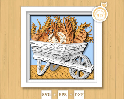 Bakery Cart Shadow Box 3D SVG with Sourdough Bread Loafs Pretzels and Wheat Ears, Cutting DXF EPS Files for Cricut Silhouette Brother