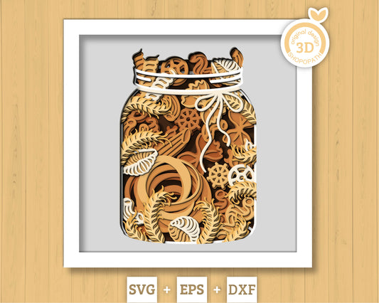 Bakery Pasta Jar With Pasta Shadow Box 3D SVG With Tagliatelle, Penne, Fusilli, Cutting DXF EPS Files for Cricut Silhouette Brother