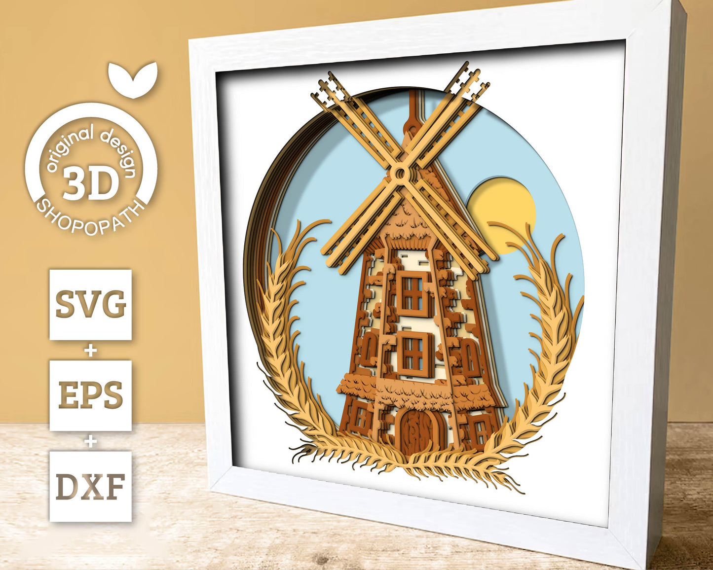 Bakery Windmill Shadow Box 3D SVG With Sunny Sky and Wheat Ears, Vintage Grain Mill Cutting DXF EPS Files for Cricut Silhouette Brother