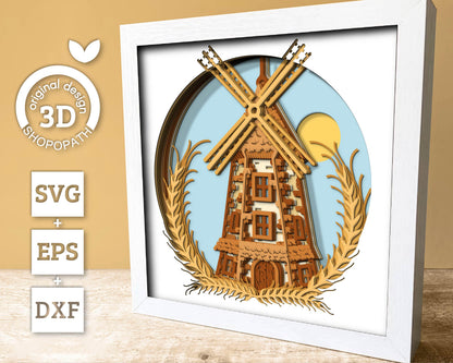 Bakery Windmill Shadow Box 3D SVG With Sunny Sky and Wheat Ears, Vintage Grain Mill Cutting DXF EPS Files for Cricut Silhouette Brother