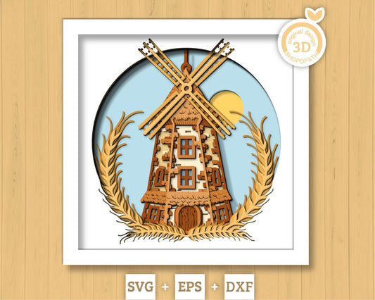 Bakery Windmill Shadow Box 3D SVG With Sunny Sky and Wheat Ears, Vintage Grain Mill Cutting DXF EPS Files for Cricut Silhouette Brother