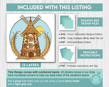 Bakery Windmill Shadow Box 3D SVG With Sunny Sky and Wheat Ears, Vintage Grain Mill Cutting DXF EPS Files for Cricut Silhouette Brother