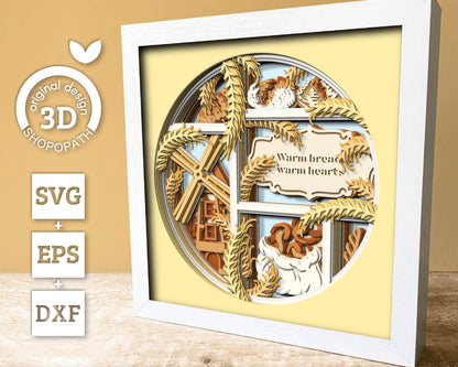 Bakery Windmill Shadow Box 3D SVG With Sourdough Bread, Loafs and Pretzel Bag, Bakery Cutting DXF EPS Files for Cricut Silhouette Brother