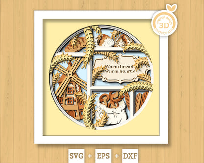 Bakery Windmill Shadow Box 3D SVG With Sourdough Bread, Loafs and Pretzel Bag, Bakery Cutting DXF EPS Files for Cricut Silhouette Brother