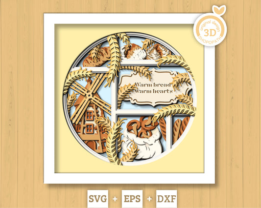 Bakery Windmill Shadow Box 3D SVG With Sourdough Bread, Loafs and Pretzel Bag, Bakery Cutting DXF EPS Files for Cricut Silhouette Brother