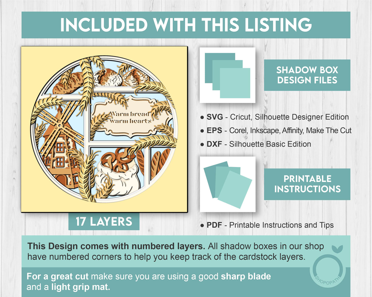Bakery Windmill Shadow Box 3D SVG With Sourdough Bread, Loafs and Pretzel Bag, Bakery Cutting DXF EPS Files for Cricut Silhouette Brother