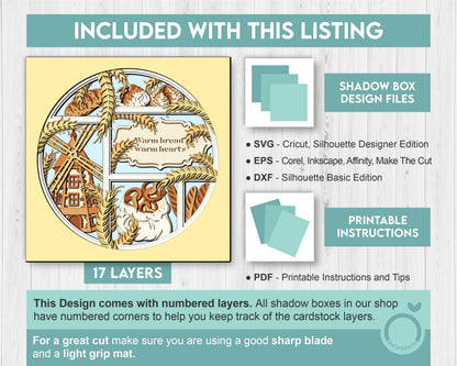 Bakery Windmill Shadow Box 3D SVG With Sourdough Bread, Loafs and Pretzel Bag, Bakery Cutting DXF EPS Files for Cricut Silhouette Brother