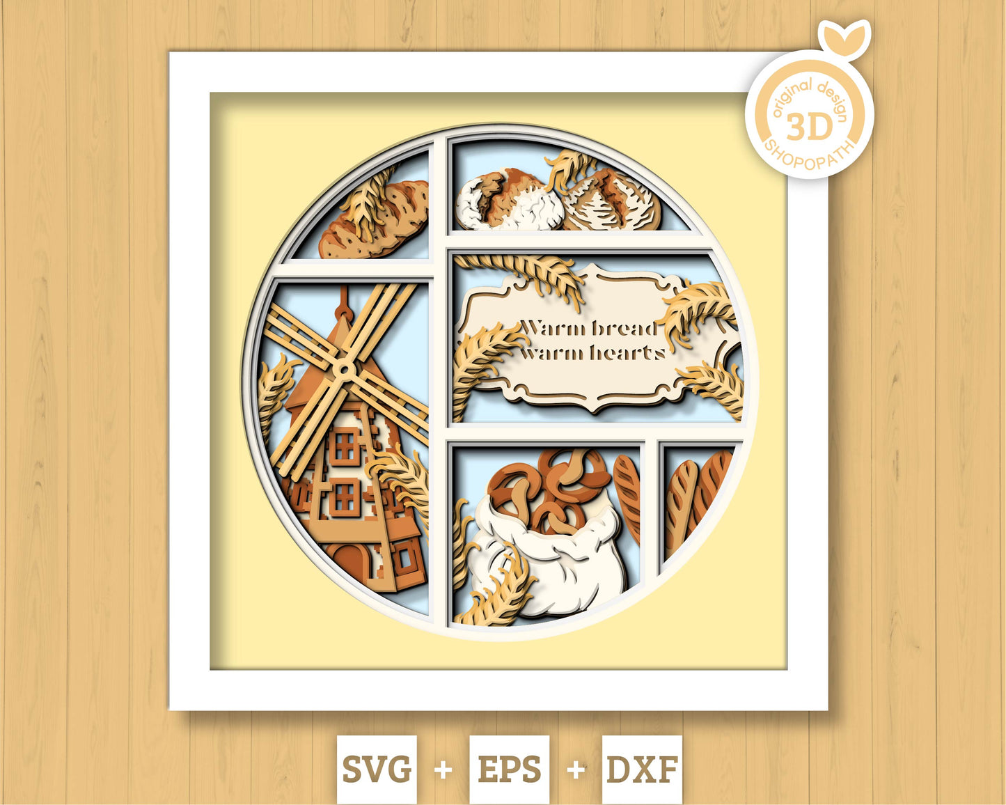 Bakery Windmill Shadow Box 3D SVG With Sourdough Bread, Loafs and Pretzel Bag, Bakery Cutting DXF EPS Files for Cricut Silhouette Brother