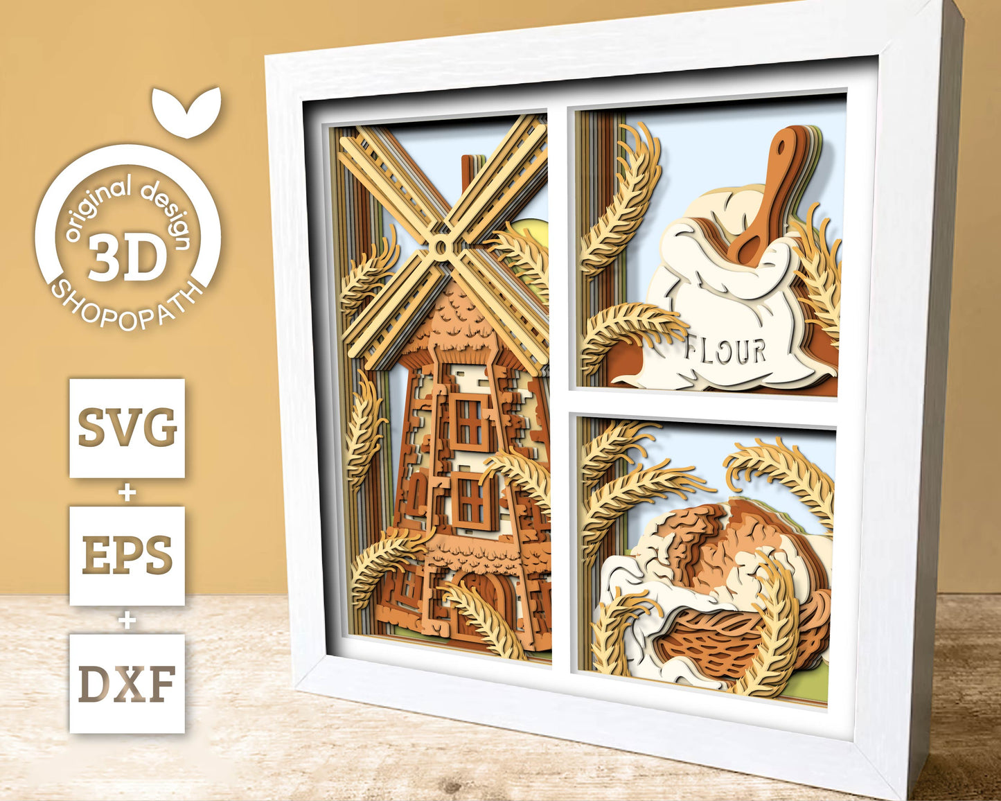 Bakery Windmill Shadow Box 3D SVG With Bread in Basket and Flour Bag, Bakery Cutting DXF EPS Files for Cricut Silhouette Brother