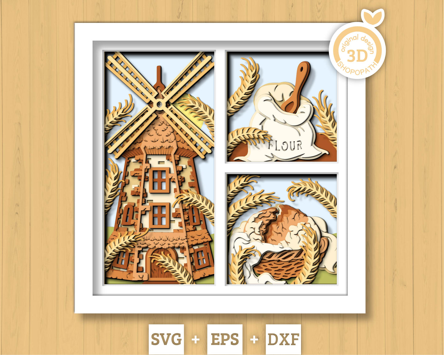 Bakery Windmill Shadow Box 3D SVG With Bread in Basket and Flour Bag, Bakery Cutting DXF EPS Files for Cricut Silhouette Brother