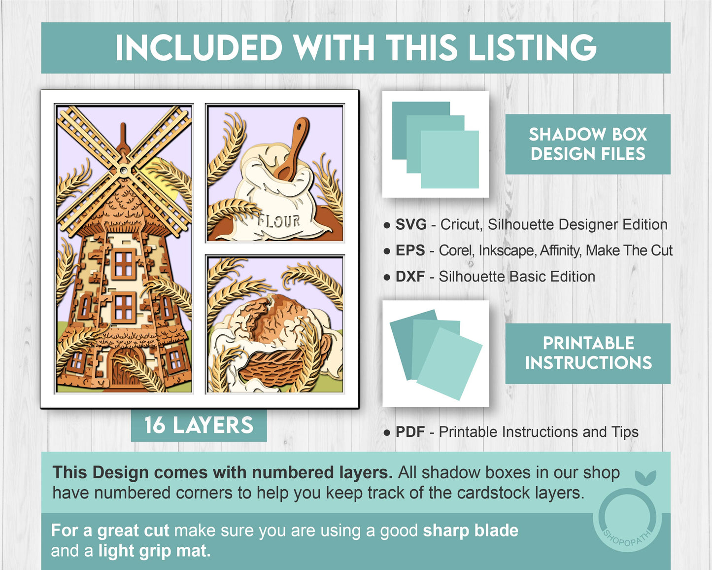 Bakery Windmill Shadow Box 3D SVG With Bread in Basket and Flour Bag, Bakery Cutting DXF EPS Files for Cricut Silhouette Brother