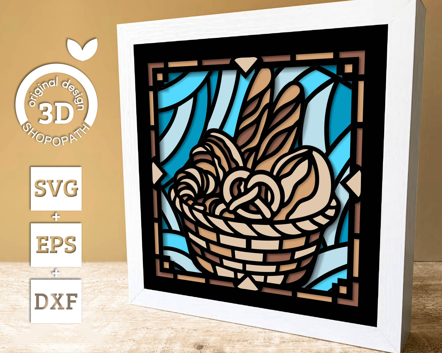 Bakery Basket Mini Stained Glass Shadow Box 3D SVG, Layered Bakery Stained Glass Cutting DXF EPS Files for Cricut Silhouette Brother