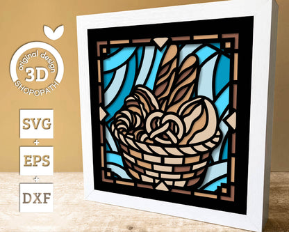 Bakery Basket Mini Stained Glass Shadow Box 3D SVG, Layered Bakery Stained Glass Cutting DXF EPS Files for Cricut Silhouette Brother