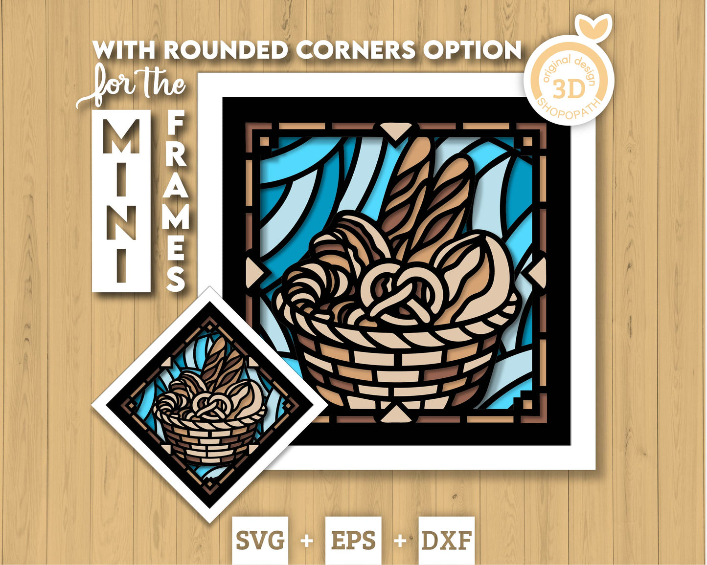 Bakery Basket Mini Stained Glass Shadow Box 3D SVG, Layered Bakery Stained Glass Cutting DXF EPS Files for Cricut Silhouette Brother